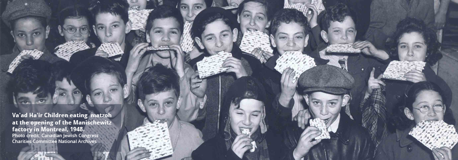 Va'ad Ha'ir Children eating matzoh at the opening of the Manischewitz factory in Montreal, 1948